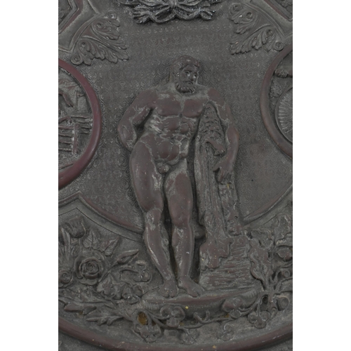 154 - A Victorian 19th century copper commemorative trophy plaque. The circular plaque having in relief de... 