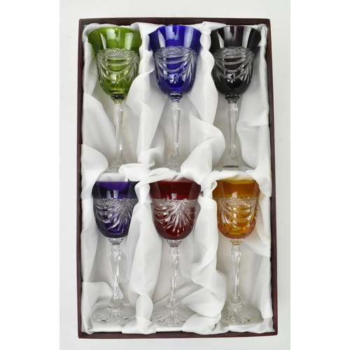 171 - Taille Main - six vintage 20th century boxed Bohemian French flash cut wine glasses. Each glass of d... 