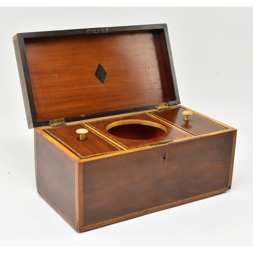 184 - An early 19th century George III Regency mahogany and satinwood marquetry inlaid tea caddy box. The ... 