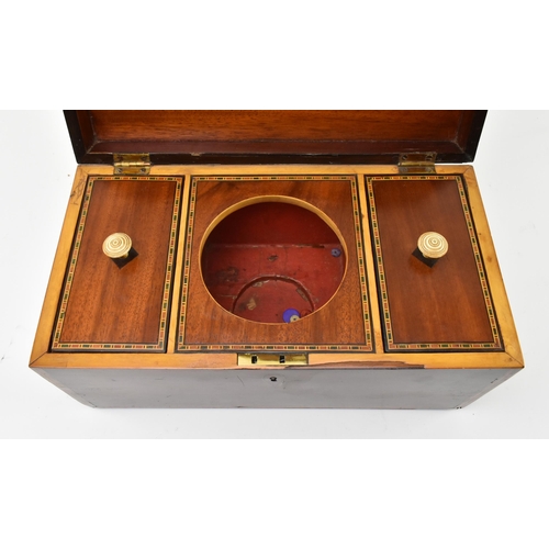 184 - An early 19th century George III Regency mahogany and satinwood marquetry inlaid tea caddy box. The ... 