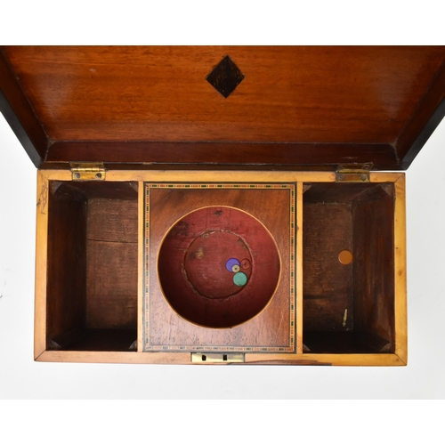 184 - An early 19th century George III Regency mahogany and satinwood marquetry inlaid tea caddy box. The ... 