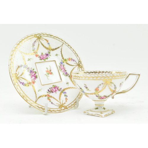 185 - A 19th century continental Dresden marked hand painted porcelain teacup & saucer. Each decorated... 