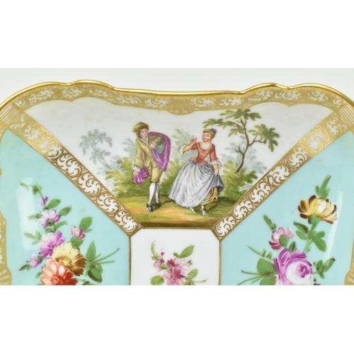 189 - An early 19th century continental hand painted porcelain squared platter. The platter with gilt scro... 