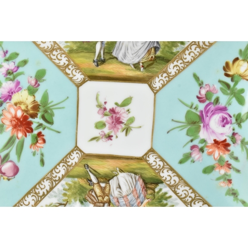 189 - An early 19th century continental hand painted porcelain squared platter. The platter with gilt scro... 