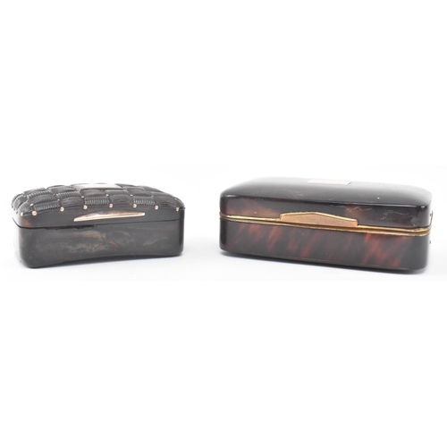 191 - Two 19th century Victorian tortoiseshell plaque and hinged lid snuff boxes. The lot comprising a rec... 