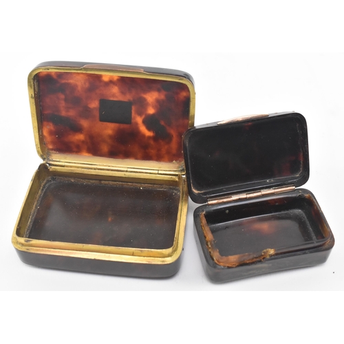 191 - Two 19th century Victorian tortoiseshell plaque and hinged lid snuff boxes. The lot comprising a rec... 