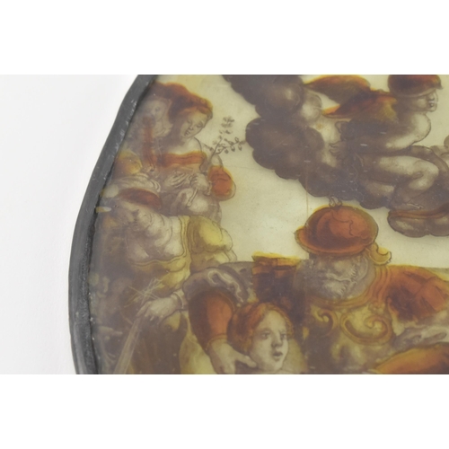 26 - An early 19th century circular lead glass panel, hand painted to feature mythological scenes. In amb... 