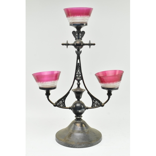 32 - An Art Nouveau Liberty early 20th century quadruple silver plated & cranberry glass centrepiece ... 