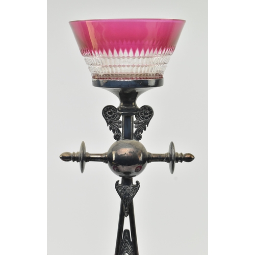 32 - An Art Nouveau Liberty early 20th century quadruple silver plated & cranberry glass centrepiece ... 