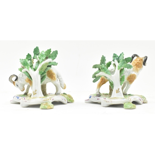 34 - Chelsea Porcelain - a pair of 18th century hand painted porcelain figures of rams. Each having an in... 