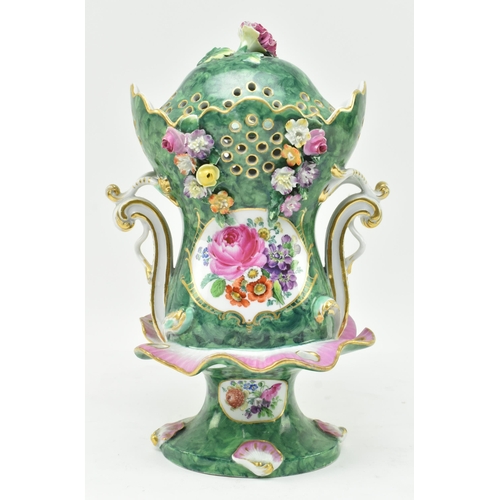 38 - An early 19th century Regency porcelain lidded frill vase & cover. The vase of green ground, dom... 