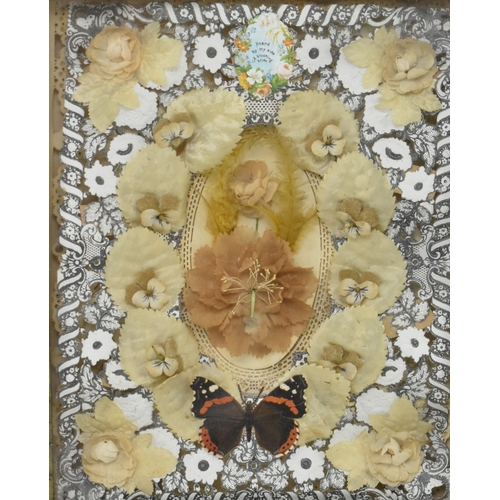 42 - An early 20th century Edwardian marital display shadowbox. The shadowbox containing laced paper and ... 