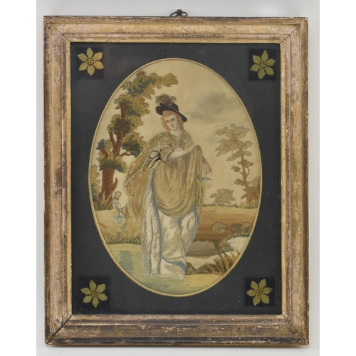 44 - A George III early 19th century silk needlework picture of a lady. The oval form depicting a female ... 