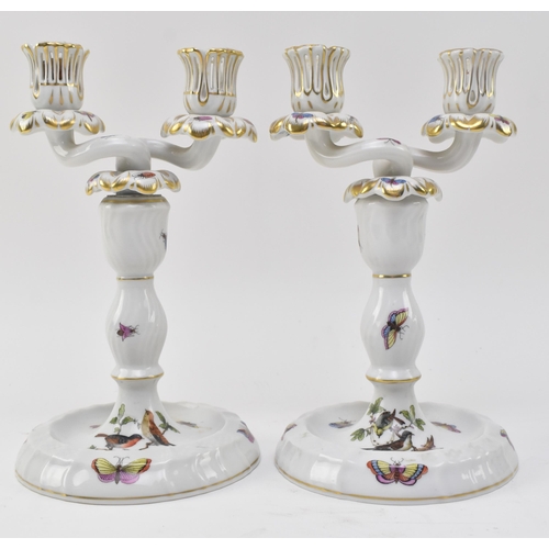 80 - Herend, Hungary. A pair of hand painted fine bone china porcelain ' Rothschild Bird ' pattern twin a... 