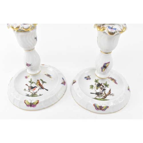 80 - Herend, Hungary. A pair of hand painted fine bone china porcelain ' Rothschild Bird ' pattern twin a... 