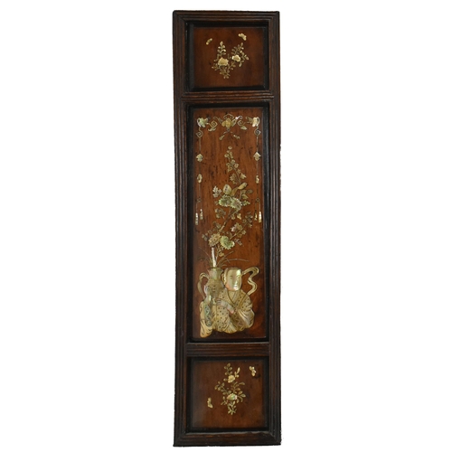 89 - A pair of early 20th century Chinoiserie mother of pearl inlaid oak panels. Each panel featuring fla... 