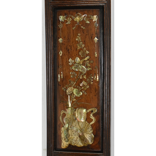 89 - A pair of early 20th century Chinoiserie mother of pearl inlaid oak panels. Each panel featuring fla... 