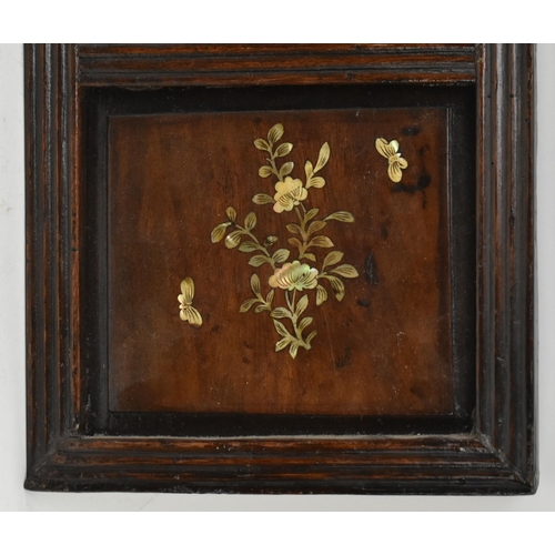 89 - A pair of early 20th century Chinoiserie mother of pearl inlaid oak panels. Each panel featuring fla... 