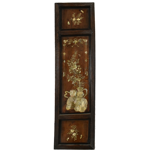 89 - A pair of early 20th century Chinoiserie mother of pearl inlaid oak panels. Each panel featuring fla... 