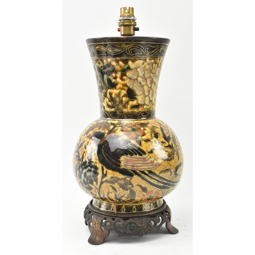 149 - An early 20th century Hungarian Zsolnay Pecs vase converted into a lamp base. The vase with flared n... 