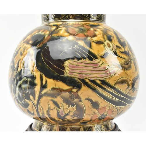 149 - An early 20th century Hungarian Zsolnay Pecs vase converted into a lamp base. The vase with flared n... 