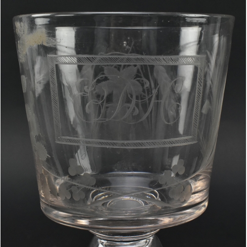 155 - An early 19th century hand etched cut glass commemorative ale glass / goblet with coin. The goblet h... 