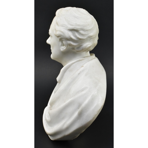 160 - A 19th century hand carved white marble bust of Lord Byron. The bust depicted frontal with cloak. Un... 