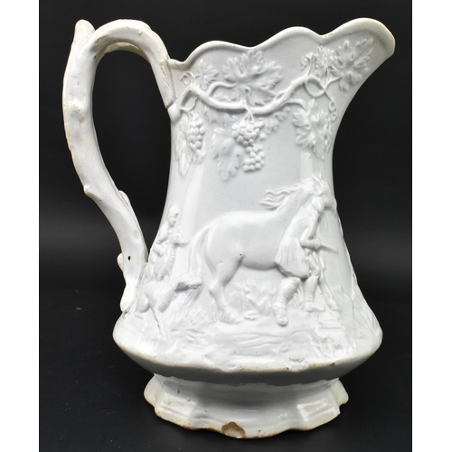 176 - A Victorian 19th century white salt glazed pitcher. The jug relief moulded with hunting scenes with ... 