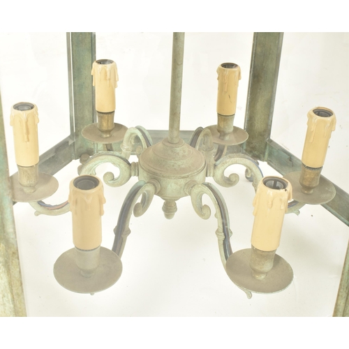 262 - A large patinated metal & glass farmhouse country home hexagonal ceiling porch lantern light. Th... 