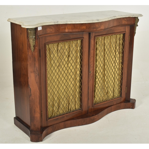 265 - A 19th century rosewood & lattice work marble top serpentine pier cabinet. The cupboard having a... 