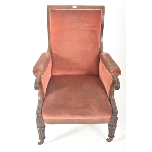 304 - A William IV early 19th century mahogany framed & velvet upholstered library armchair. The arm c... 