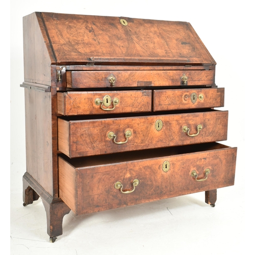 321 - A Queen Anne 18th century burr walnut writing bureau desk. The bureau chest having a drop down front... 