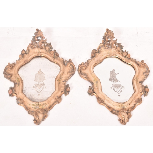 325 - A pair of Venetian Italian 19th century acid etched Ladies & Gentleman's wall hanging mirrors. E... 