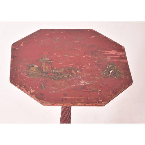 347 - A 19th century red lacquered & hand painted octagonal tilt top side occasional table. Red laquer... 