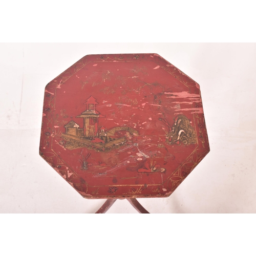 347 - A 19th century red lacquered & hand painted octagonal tilt top side occasional table. Red laquer... 