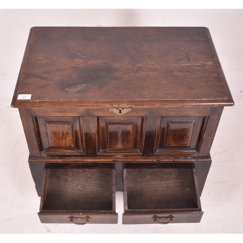 361 - A 17th century Welsh oak coffer / mule chest. The coffer having a rectangular chamfered edge top ove... 