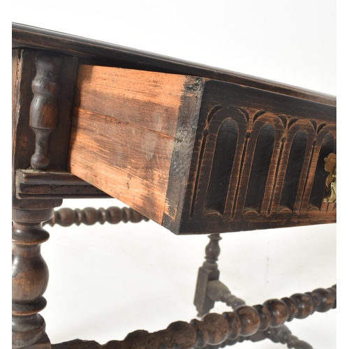 398 - A 17th century carved oak peg jointed occasional writing table. The table having a rectangular top w... 