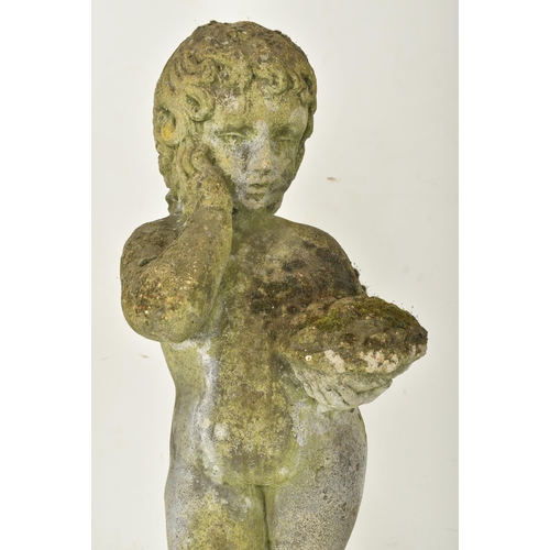 436 - A pair of early 20th century reconstituted stone garden outdoor decorative pedestal cherubs on stand... 