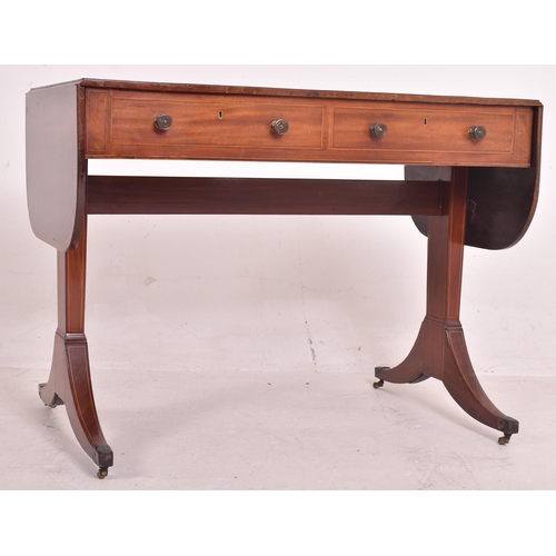 448 - A Regency early 19th century mahogany inlaid drop leaf writing table desk / sofa table. The table ha... 