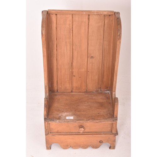 453 - A Victorian 19th century pine child's lambing chair - hall settle seat. The chair of small naive for... 