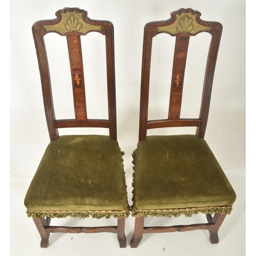 461 - A pair of 19th century oak & walnut with embossed metal inlay high back hall chairs. Each chair ... 