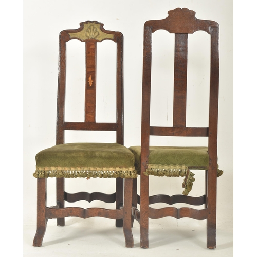 461 - A pair of 19th century oak & walnut with embossed metal inlay high back hall chairs. Each chair ... 