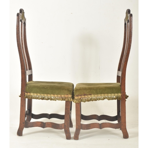 461 - A pair of 19th century oak & walnut with embossed metal inlay high back hall chairs. Each chair ... 