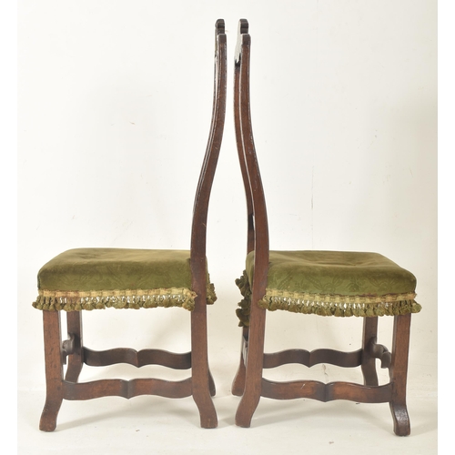 461 - A pair of 19th century oak & walnut with embossed metal inlay high back hall chairs. Each chair ... 