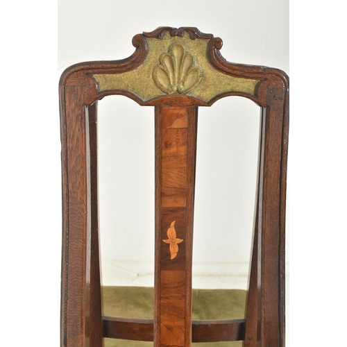 461 - A pair of 19th century oak & walnut with embossed metal inlay high back hall chairs. Each chair ... 