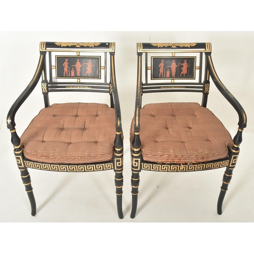 480 - A pair of Regency style ebonised & gilt painted wood rattan woven open back armchairs with Neocl... 