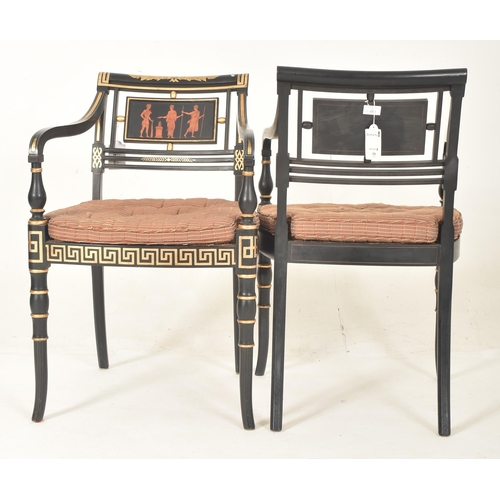 480 - A pair of Regency style ebonised & gilt painted wood rattan woven open back armchairs with Neocl... 