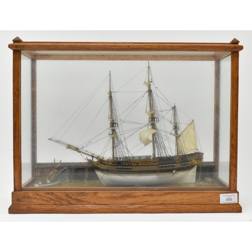 485 - A 20th century hand-built model boat diorama in oak & glass case. The diorama depicting a vessel... 