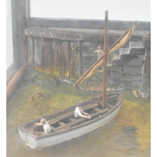 485 - A 20th century hand-built model boat diorama in oak & glass case. The diorama depicting a vessel... 