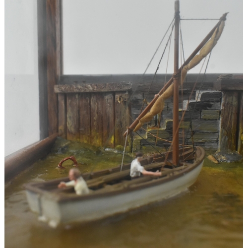 485 - A 20th century hand-built model boat diorama in oak & glass case. The diorama depicting a vessel... 